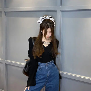 Women's Long Sleeve Black Croptop Knitted Sweater Sexy Party Slim Shirt Cropped Tops Korean Fashion Elegant Office Ladies ALODIA STORE