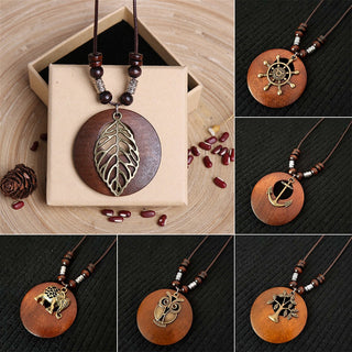 Ethnic Style Round Wood Beads Alloy Leaf Pendant Necklace For Women Girl Bohemian Sweater Chain Vintage Jewelry Accessories Gift Alodia Store