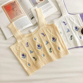 Flowers Embroidery Suspender Korean V-Neck Knitting Sweet Elastic Vintage Students Cute Summer Women Knot CropTops ALODIA STORE