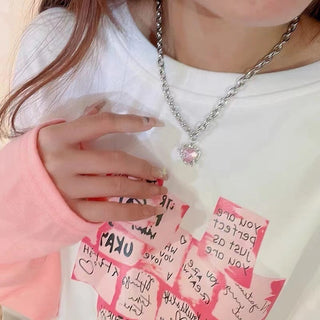 Y2K Accessories Fashion Peach Heart Water Drop Pendant Necklace Pink Crystal Egirl Sweet Cool Clavicle Chain Aesthetic Jewelry ALODIA STORE