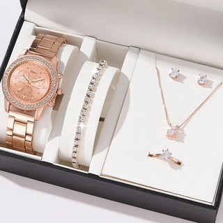 6PCS Set Luxury Watch Women Ring Necklace Earrings Rhinestone Fashion Wristwatch Female Casual Ladies Watches Bracelet Set Clock ALODIA STORE