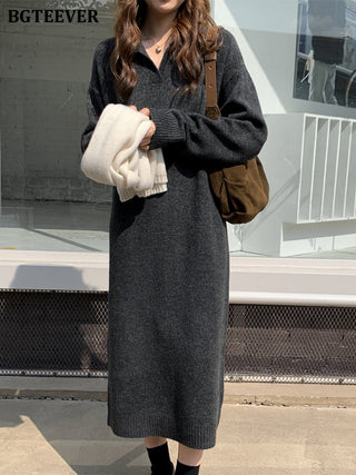 BGTEEVER Casual Thicken Warm Loose Sweater Dress Women Autumn Winter Lapel Full Sleeve Solid Long Knitted Dress Female vestidos ALODIA STORE