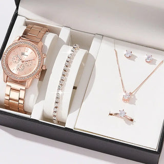 6PCS Set Luxury Watch Women Ring Necklace Earrings Rhinestone Fashion Wristwatch Female Casual Ladies Watches Bracelet Set Clock ALODIA STORE