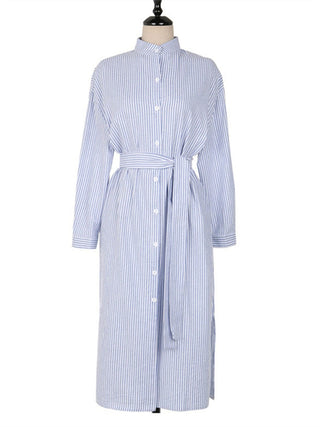 Colorfaith DR1800 2023 Striped Cotton and Linen Shirt Dress Lace Up Women Spring Summer Elegant Korean Fashion Lady Long Dresses ALODIA STORE