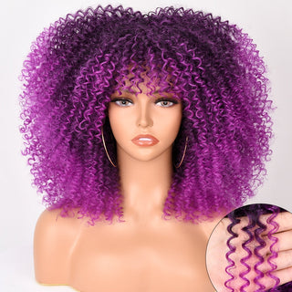 16''Short Hair Afro Kinky Curly Wig With Bangs For Black Women Cosplay Lolita Synthetic Natural Glueless Brown Mixed Blonde Wigs ALODIA STORE