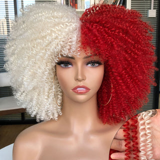 Short Afro Kinky Curly Wig With Bangs For Black Women Cosplay Lolita Natural Hair Ombre Mixed Brown Synthetic African Wigs ALODIA STORE