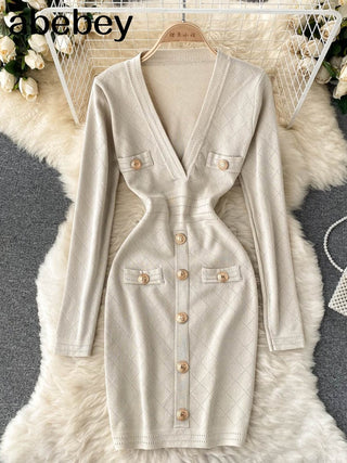 Women Knitted Pencil Dress Korean Long Sleeve V Neck Elastic Slim Dress ALODIA STORE