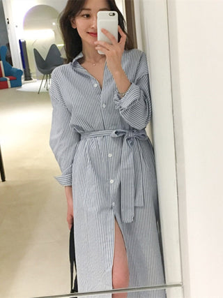 Colorfaith DR1800 2023 Striped Cotton and Linen Shirt Dress Lace Up Women Spring Summer Elegant Korean Fashion Lady Long Dresses ALODIA STORE