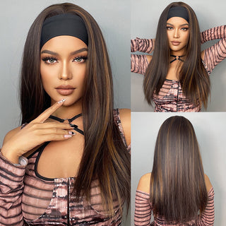 Chocolate Brown Mixed Golden Blonde Long Straight Synthetic Women's Headband Wigs Bohemian Hair For Black Women Fake Hair ALODIA STORE