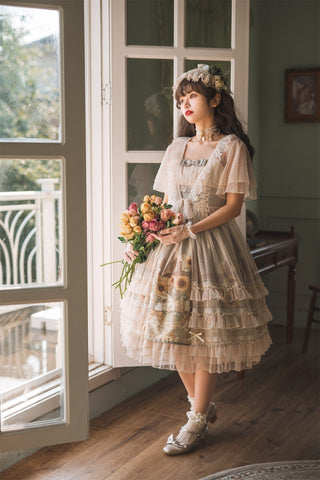 Japanese Sweet Kawaii Jsk Lolita Dress Women Vintage Victorian Sunflower Story Jsk Cartoon Summer Bow Fresh Tea Party Dresses ALODIA STORE