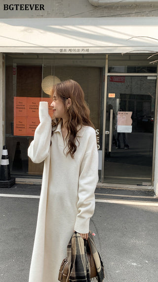 BGTEEVER Casual Thicken Warm Loose Sweater Dress Women Autumn Winter Lapel Full Sleeve Solid Long Knitted Dress Female vestidos ALODIA STORE