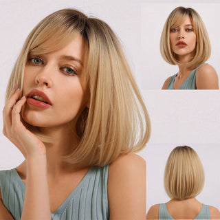 Womens Fashion Bob Wig Short Blonde Bob Wigs Black Roots Heat Resistant Synthetic Ombre Bob Hair Fancy Dress Party Wig for Women ALODIA STORE