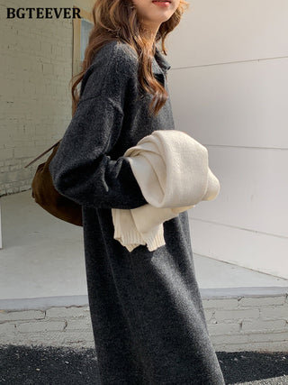 BGTEEVER Casual Thicken Warm Loose Sweater Dress Women Autumn Winter Lapel Full Sleeve Solid Long Knitted Dress Female vestidos ALODIA STORE