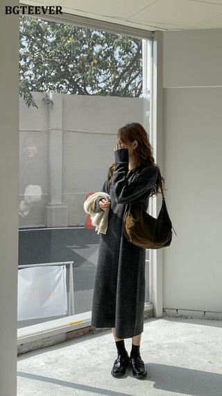 BGTEEVER Casual Thicken Warm Loose Sweater Dress Women Autumn Winter Lapel Full Sleeve Solid Long Knitted Dress Female vestidos ALODIA STORE