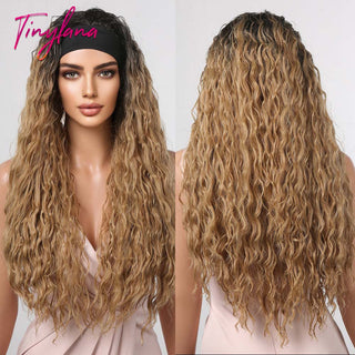 Chocolate Brown Mixed Golden Blonde Long Straight Synthetic Women's Headband Wigs Bohemian Hair For Black Women Fake Hair ALODIA STORE