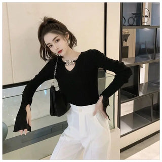 Women's Long Sleeve Black Croptop Knitted Sweater Sexy Party Slim Shirt Cropped Tops Korean Fashion Elegant Office Ladies ALODIA STORE
