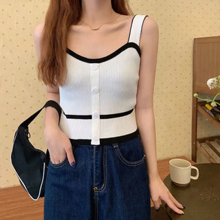 Fashion Summer Halter Off Shoulder Knitted Korean Sport Tank Crop Ribber Y2k Ropa De Mujer Croptop Cami Button Patchwork Ins Top ALODIA STORE