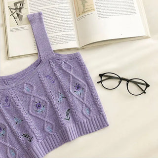 Flowers Embroidery Suspender Korean V-Neck Knitting Sweet Elastic Vintage Students Cute Summer Women Knot CropTops ALODIA STORE