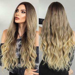 7JHH WIGS Long Wavy Wig for Woemn Natural Curly Hair Wig Synthetic Hair for Women Daily Cosplay Heat Resistant Fiber Wigs Blonde ALODIA STORE