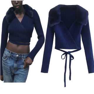 Artificial Fur CropTops Furry Fall Female Crop for Women V Neck Knit Sweater Y2k Long Sleeve New In Pullovers Traf Winter 2022 ALODIA STORE