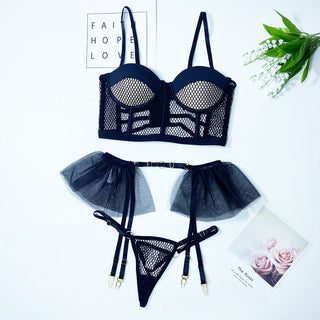 3Pcs Lace Bra and Thong Panty Set Sexy Lingerie Women Hollow Out See Through Slim Mesh Underwear Sling Summer Nightgowns ALODIA STORE