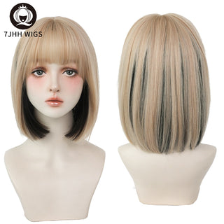 7JHH WIGS Short Bob Straight Ombre Blonde Wigs With Bang For Girl Black Female Synthetic Shoulder Length Crochet Hair Ginger Wig ALODIA STORE