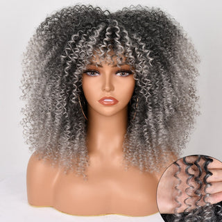 16''Short Hair Afro Kinky Curly Wig With Bangs For Black Women Cosplay Lolita Synthetic Natural Glueless Brown Mixed Blonde Wigs ALODIA STORE
