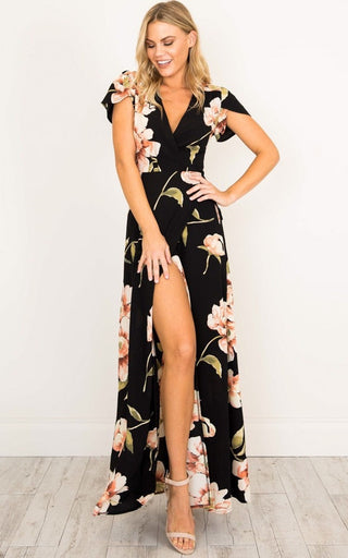 2023 Summer Short Sleeved Long Dress V-neck Split Print Fashion Retro Tiktok Consignment Rayon Robe for Women Party Wedding ALODIA STORE