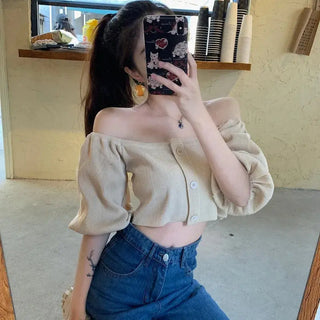 Off Shoulder Woman Tshirts French Puff Sleeve Short Croptop Korean Belly Button Exposed Sexy Shirt Summer Vintage Soild Y2k Tops ALODIA STORE