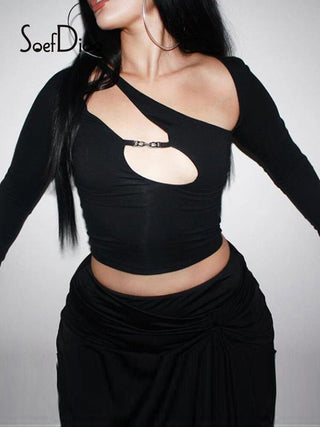 Asymmetric Collar Crop Top ALODIA STORE